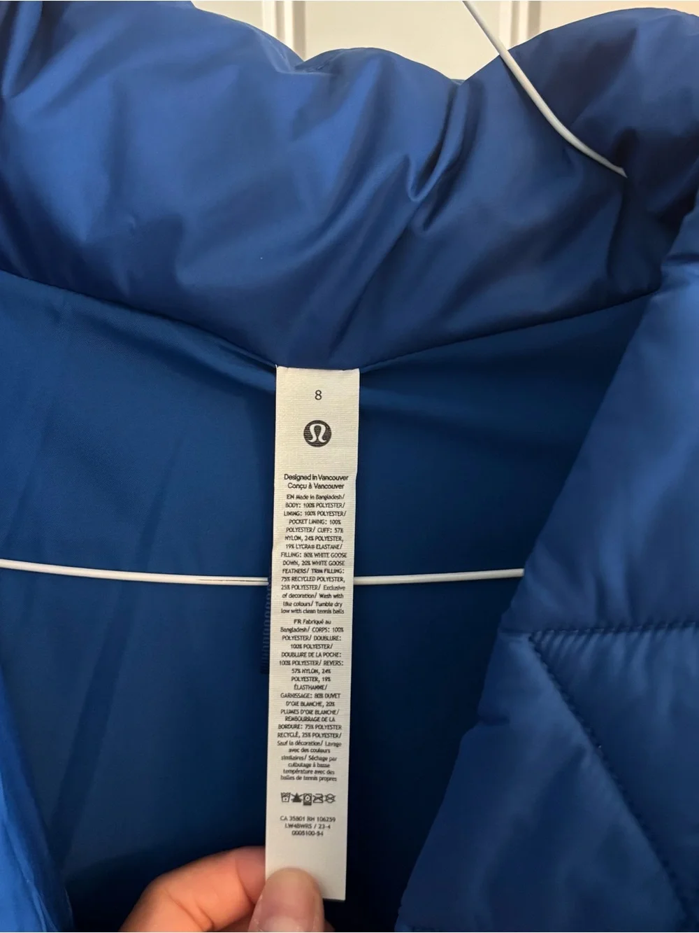 NWT Lululemon Athletica Wander Puff Jacket with Hood, Royal Blue, Size 8